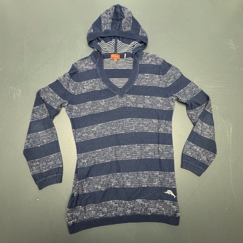 Tommy Bahama Relax Sweater Women's S Blue White Hooded Knit Striped Linen Blend